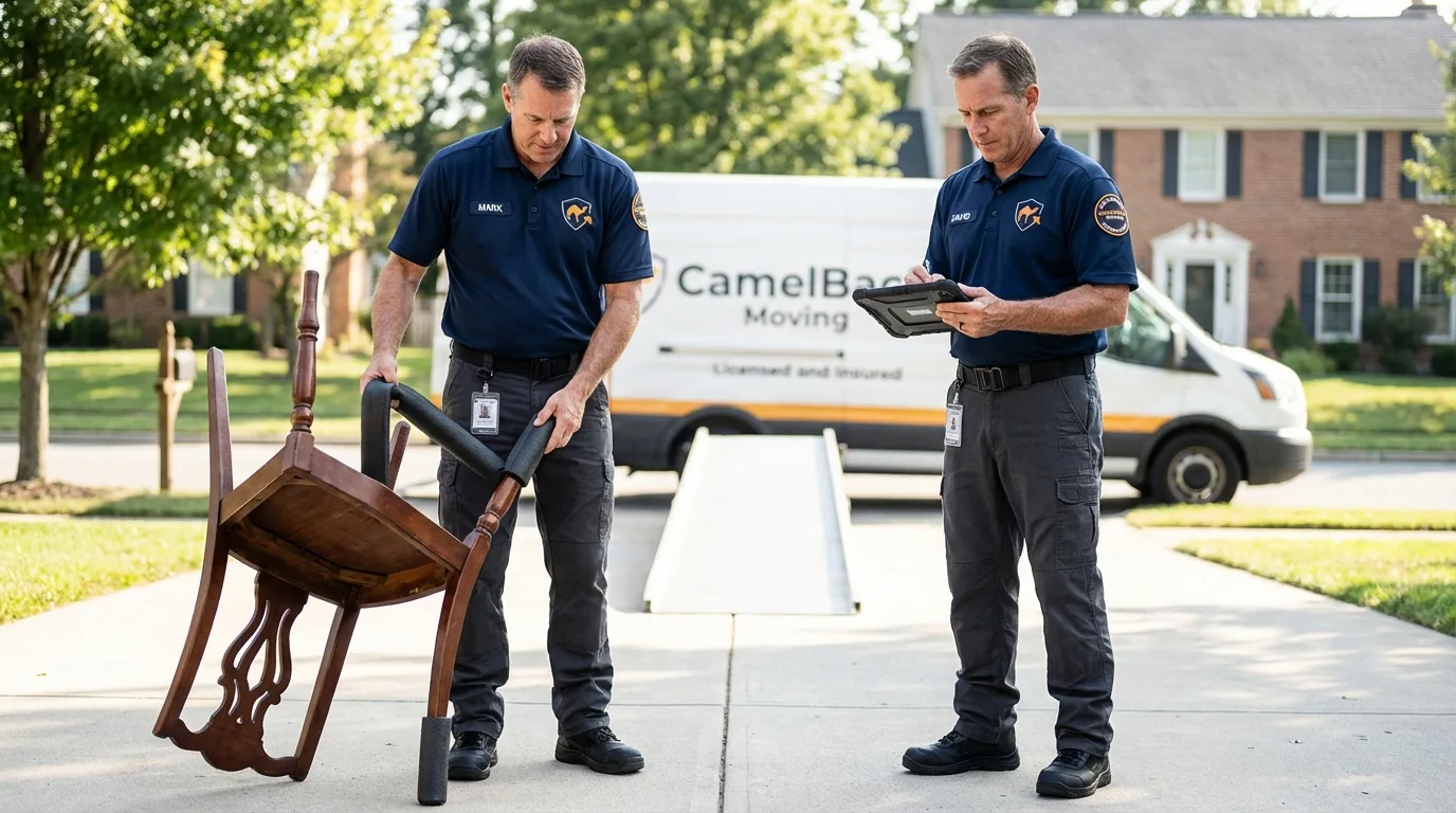 Movers inspecting furniture for damage prevention before loading in Pennsburg, PA
