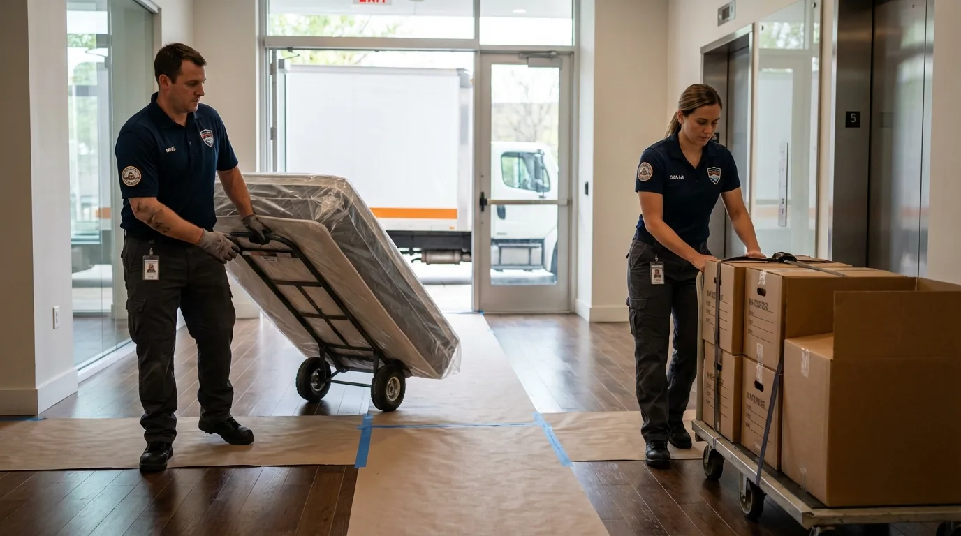 Professional apartment movers loading elevator in Pennsburg, PA